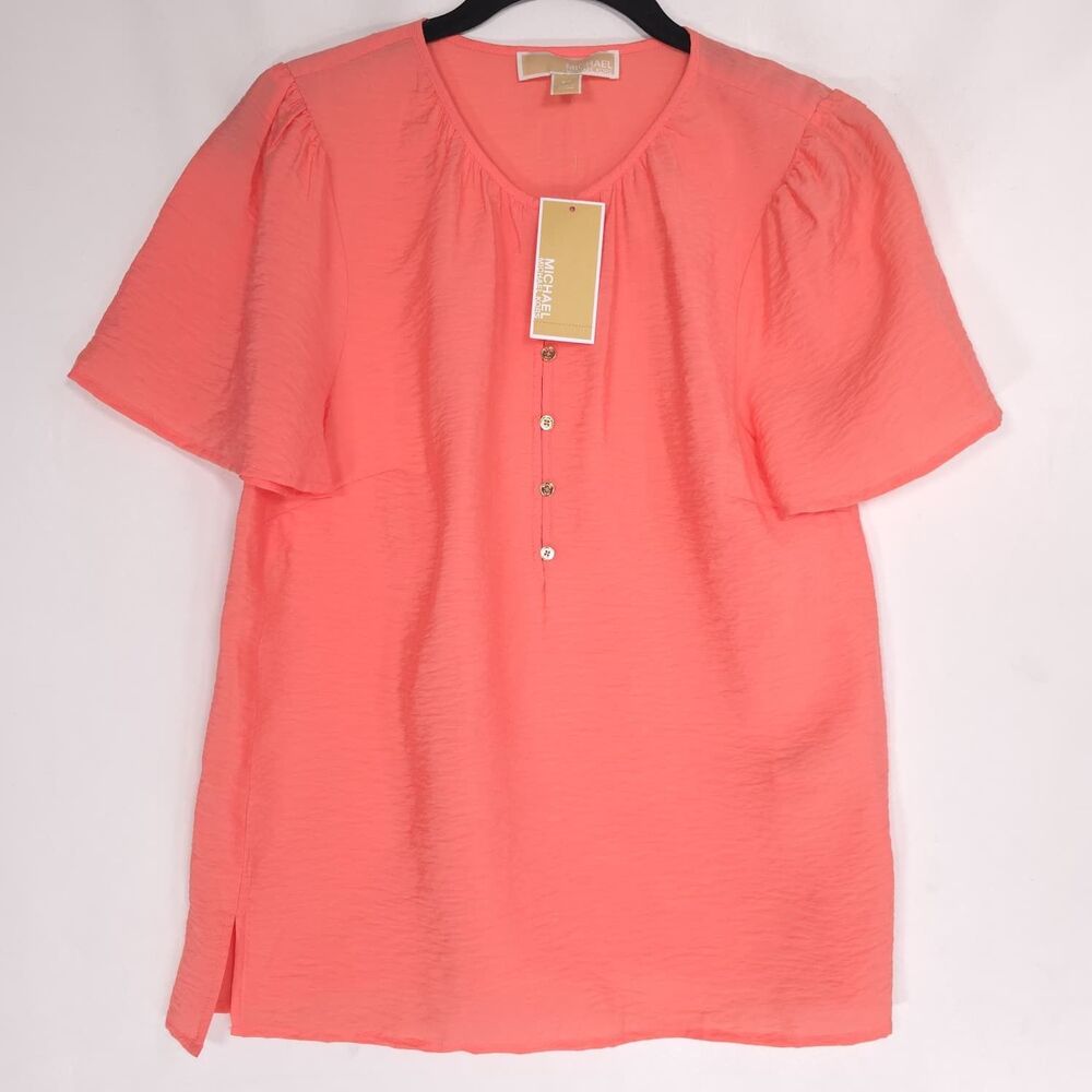 MICHAEL KORS Womens New Top Blouse SMALL Flutter Sleeve Coral QS540UU9A7 Casual